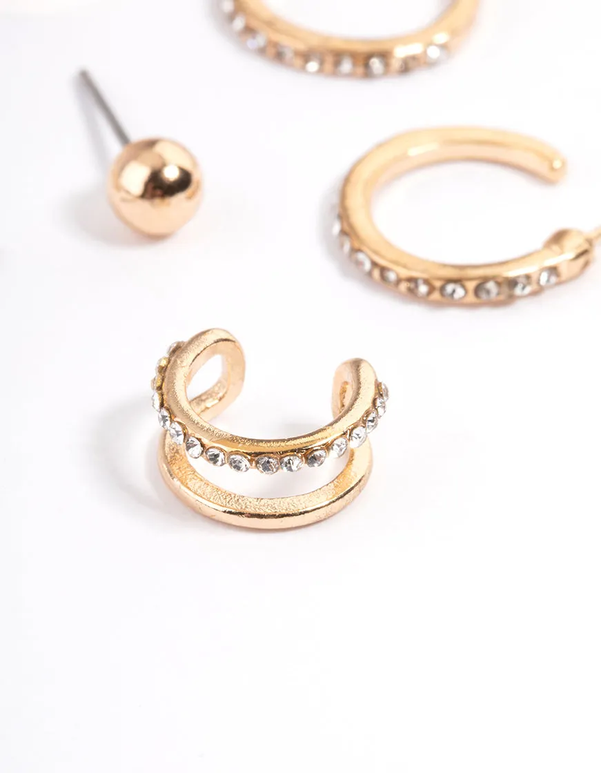 Gold Diamante Hoop, Stud & Cuff Earring Pack