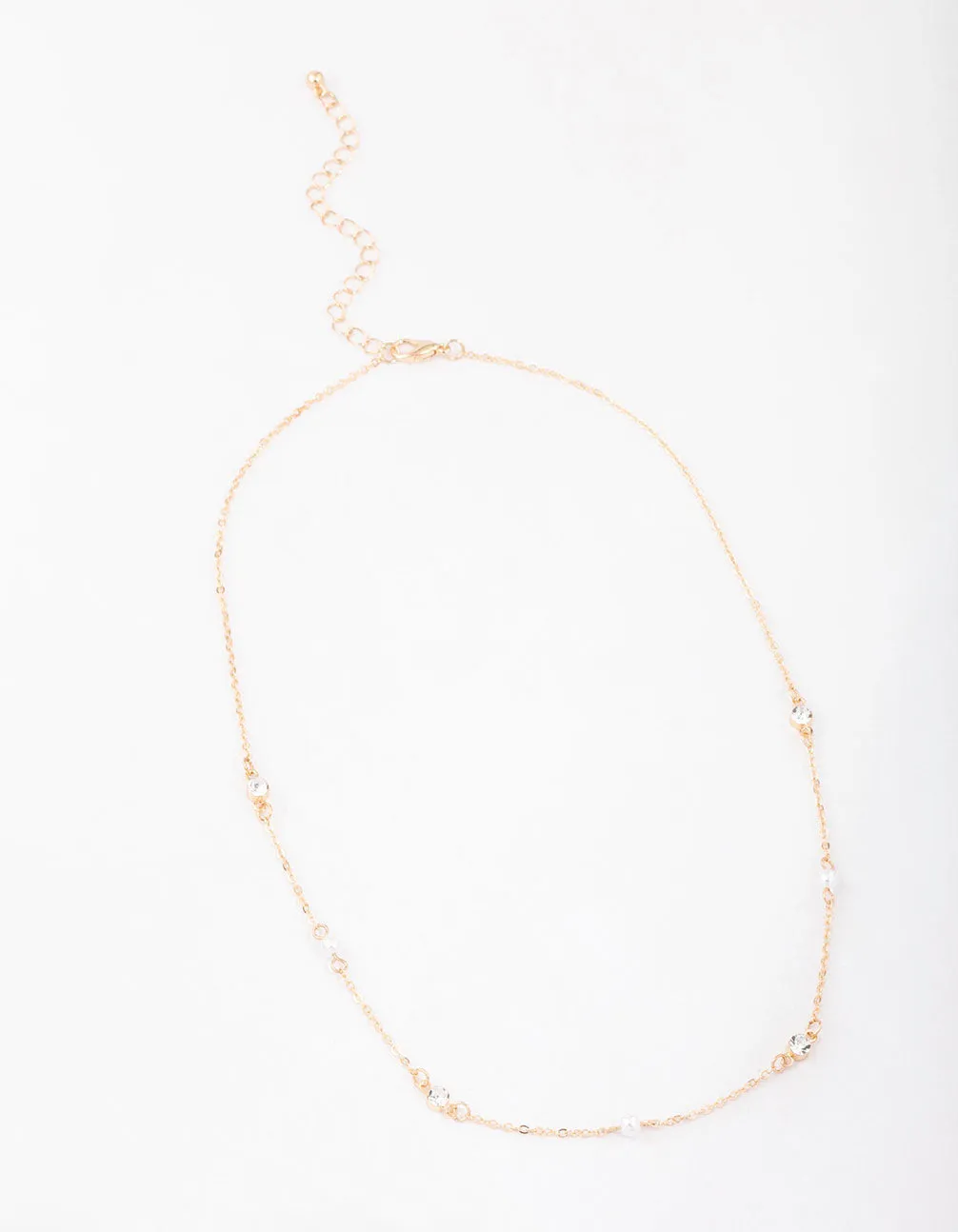 Gold Pearl & Round Diamante Necklace