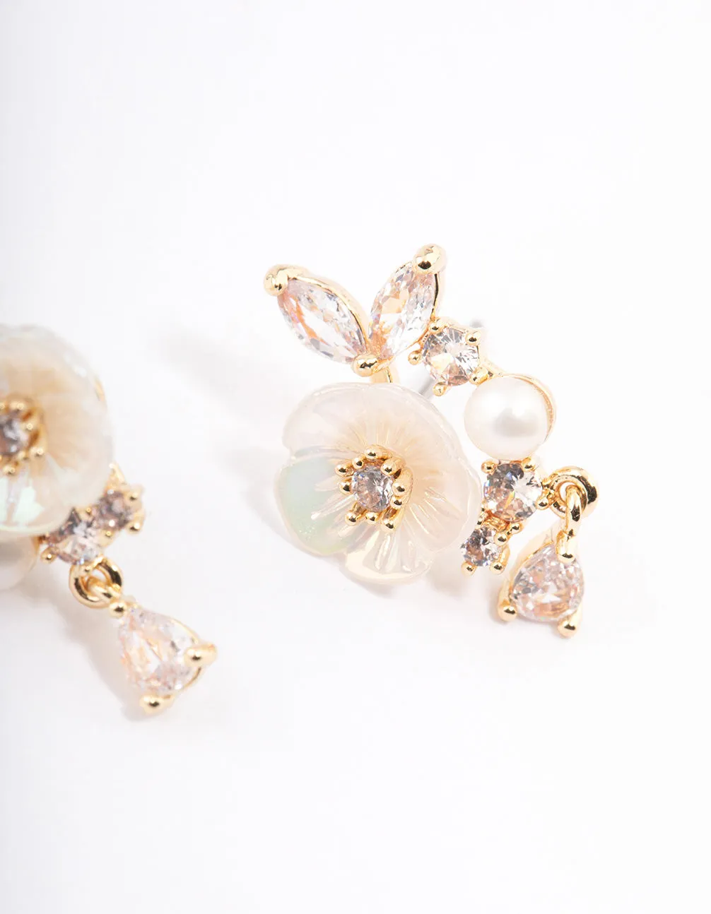 Gold Plated Cubic Zirconia Floral Detailed Pearl Earrings