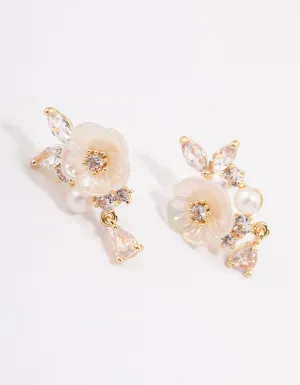 Gold Plated Cubic Zirconia Floral Detailed Pearl Earrings