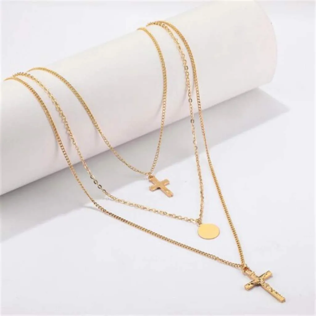 Gold Triple Layered Double Cross and Disc Necklace