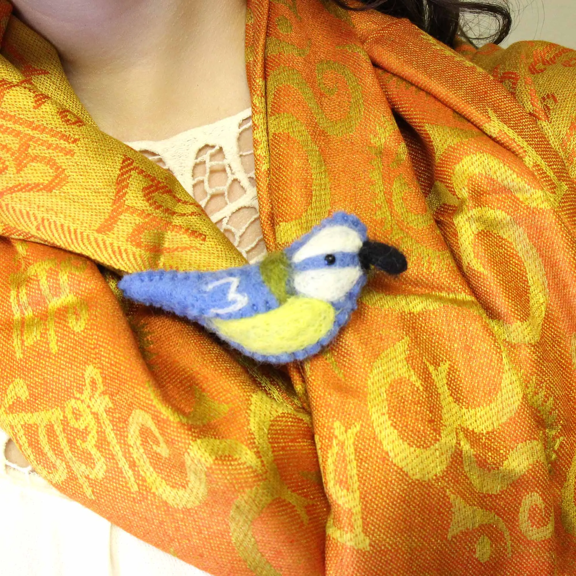 Hand Crafted Felt from Nepal Bird Brooch Blue Yellow Global Groove J