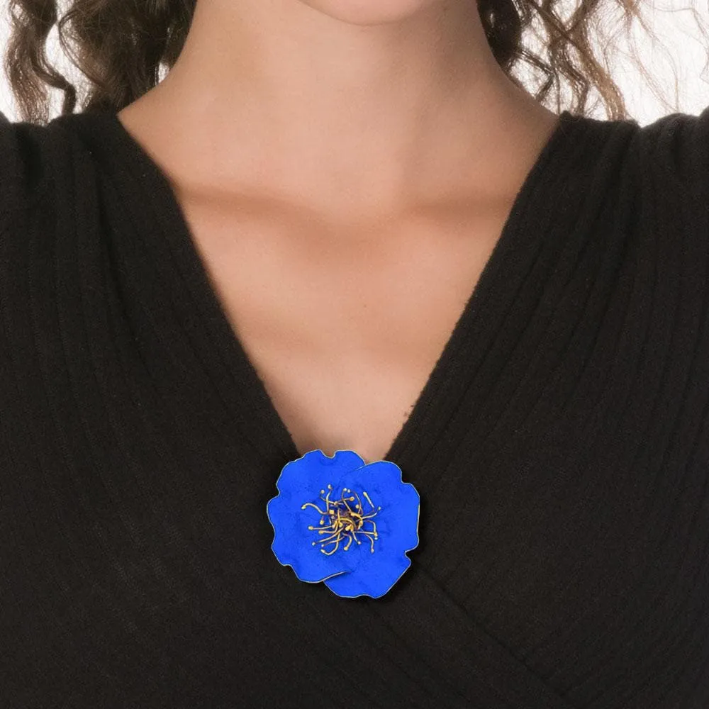 Handmade Gold Plated Royal Blue Poppy Flower Brooch