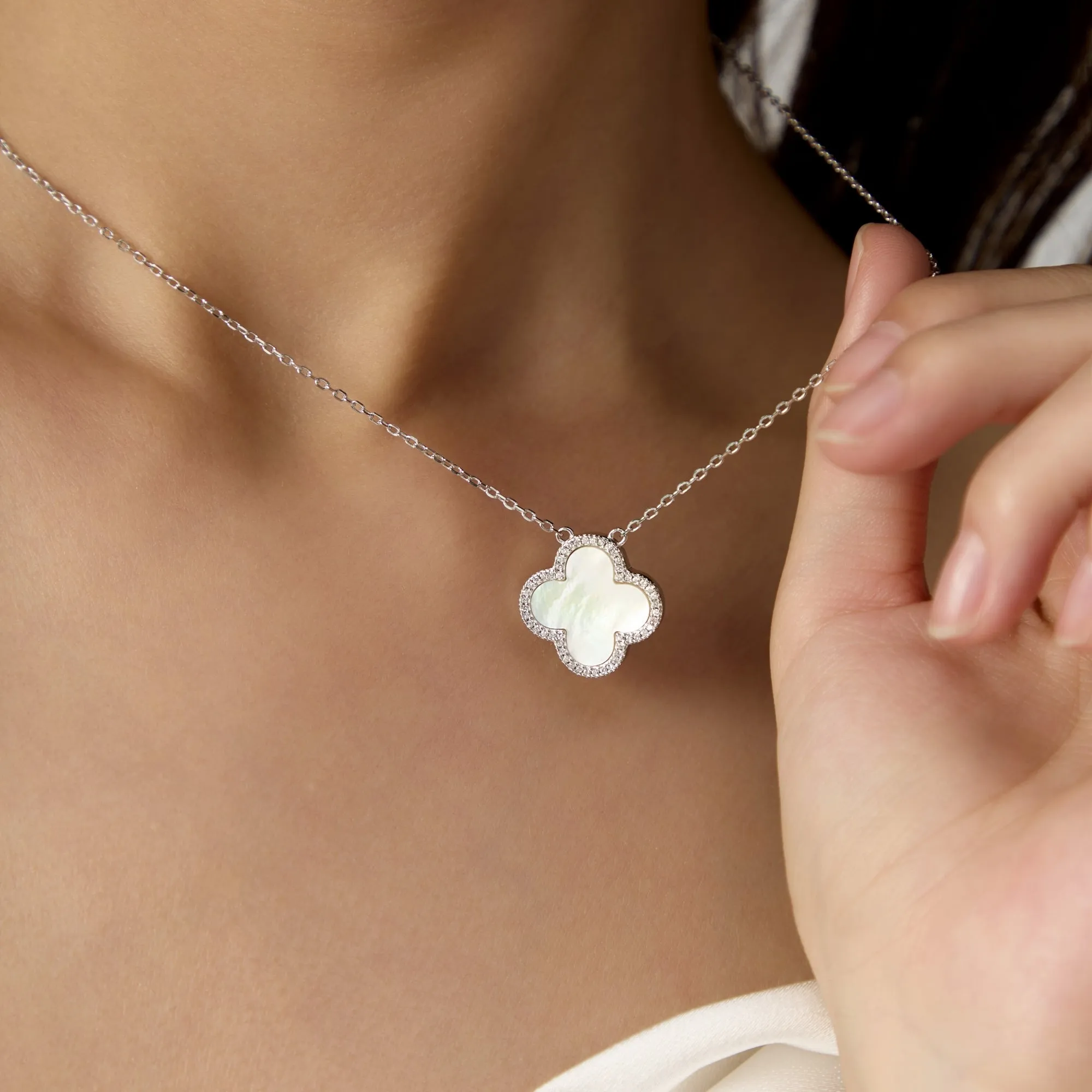 Iced Flora White Clover Pendant Necklace