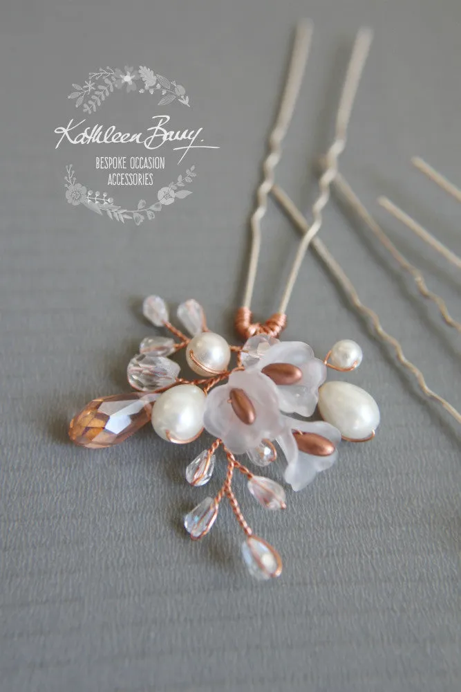 Jana bridal hair pin, Lucite flower crystal and pearl, Rose Gold, Silver, Gold Options - Sold Individually