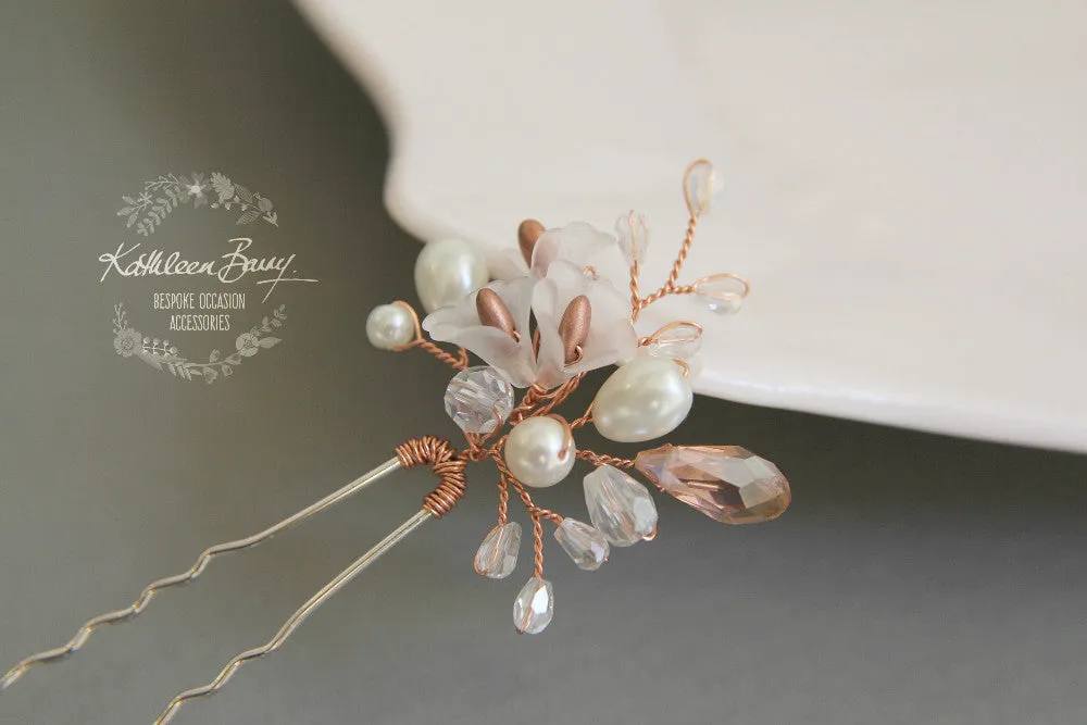 Jana bridal hair pin, Lucite flower crystal and pearl, Rose Gold, Silver, Gold Options - Sold Individually