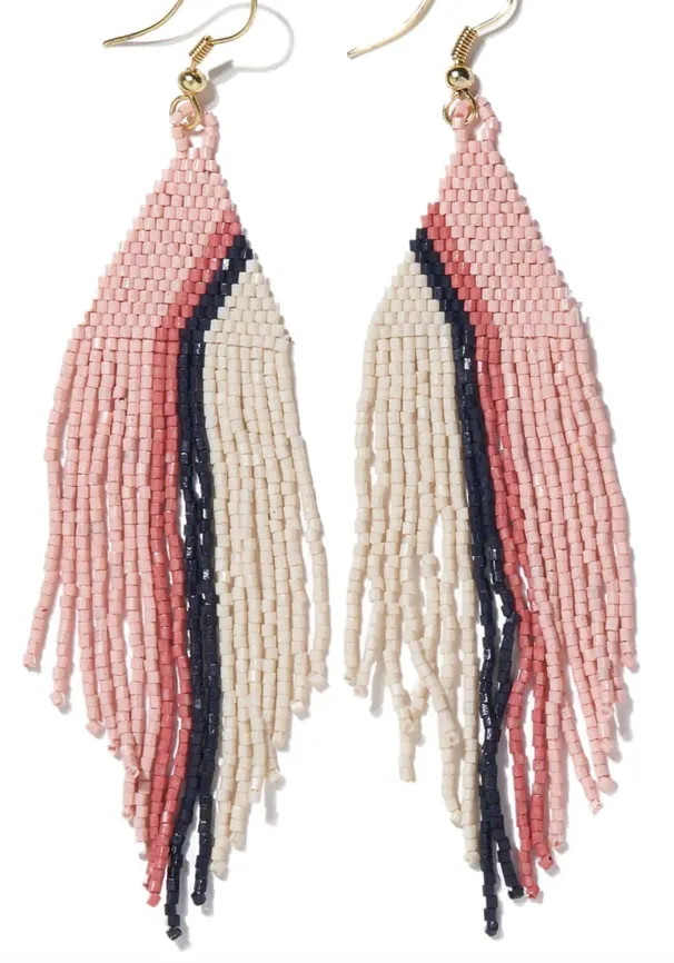 JOSIE Angled Striped Beaded Fringe Blush Earrings