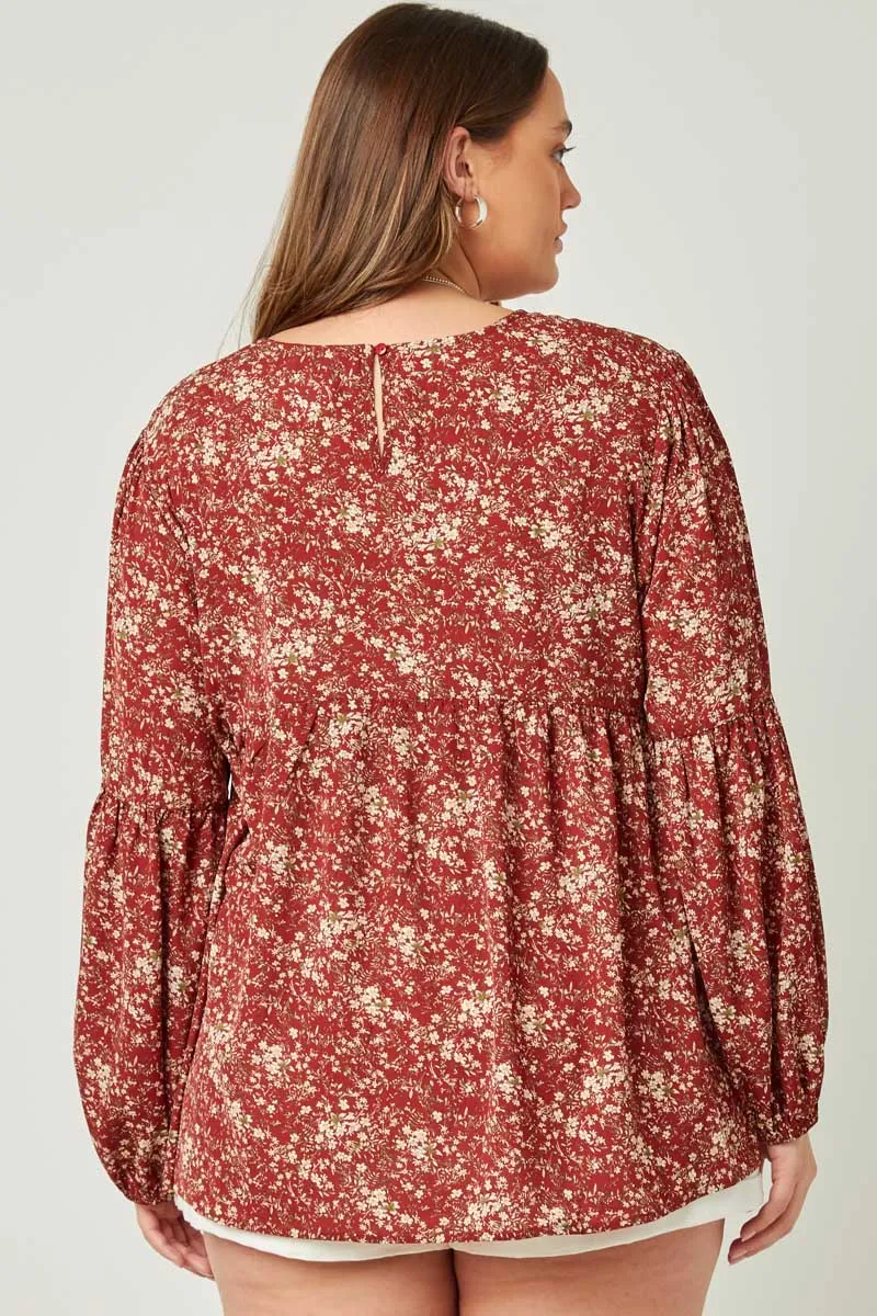 Kristie Plus Burgundy Floral Puff Sleeve Babydoll Top 1XL-3XL