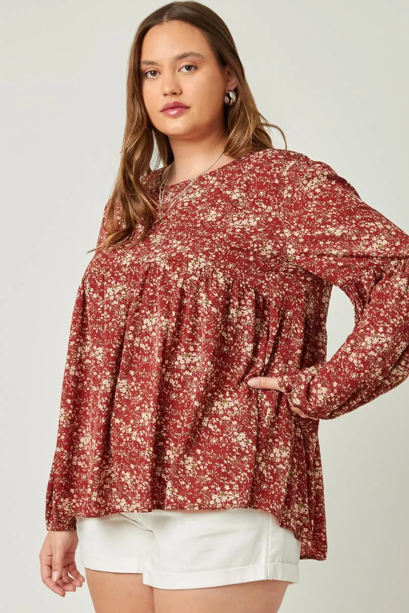 Kristie Plus Burgundy Floral Puff Sleeve Babydoll Top 1XL-3XL