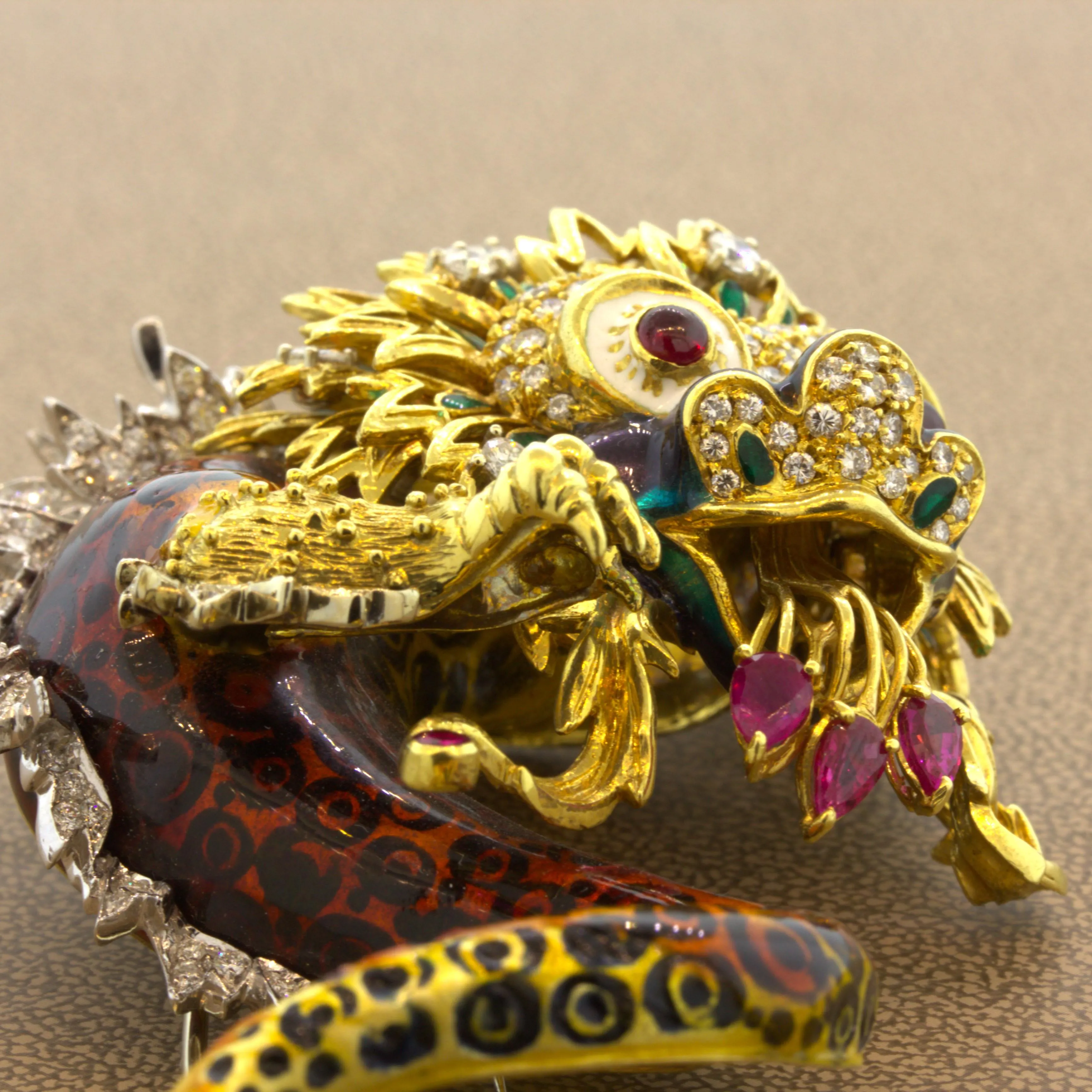 Large Diamond Enamel Dragon 18K Yellow Gold Brooch