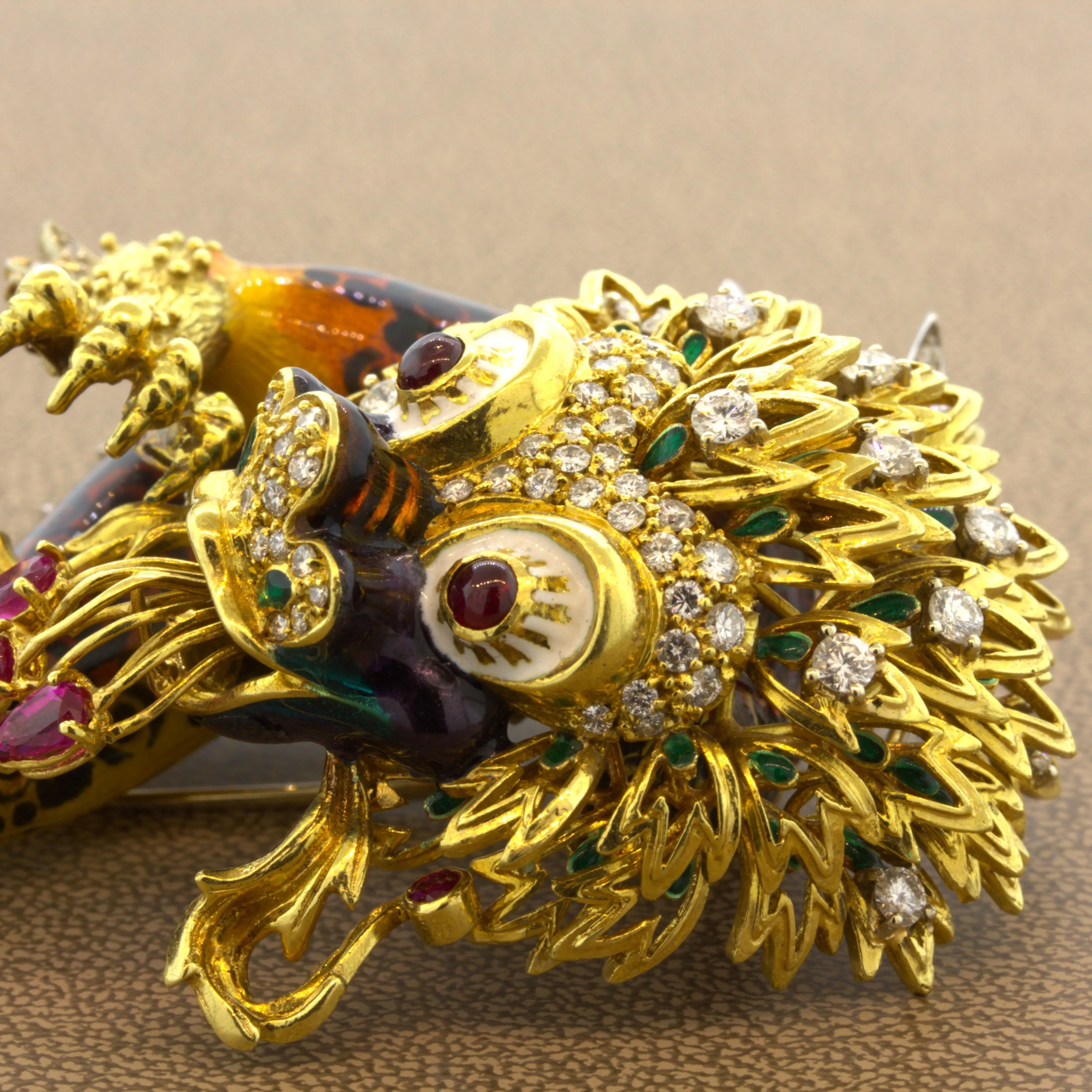 Large Diamond Enamel Dragon 18K Yellow Gold Brooch