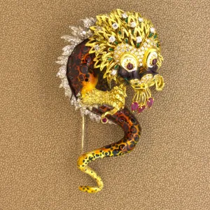 Large Diamond Enamel Dragon 18K Yellow Gold Brooch