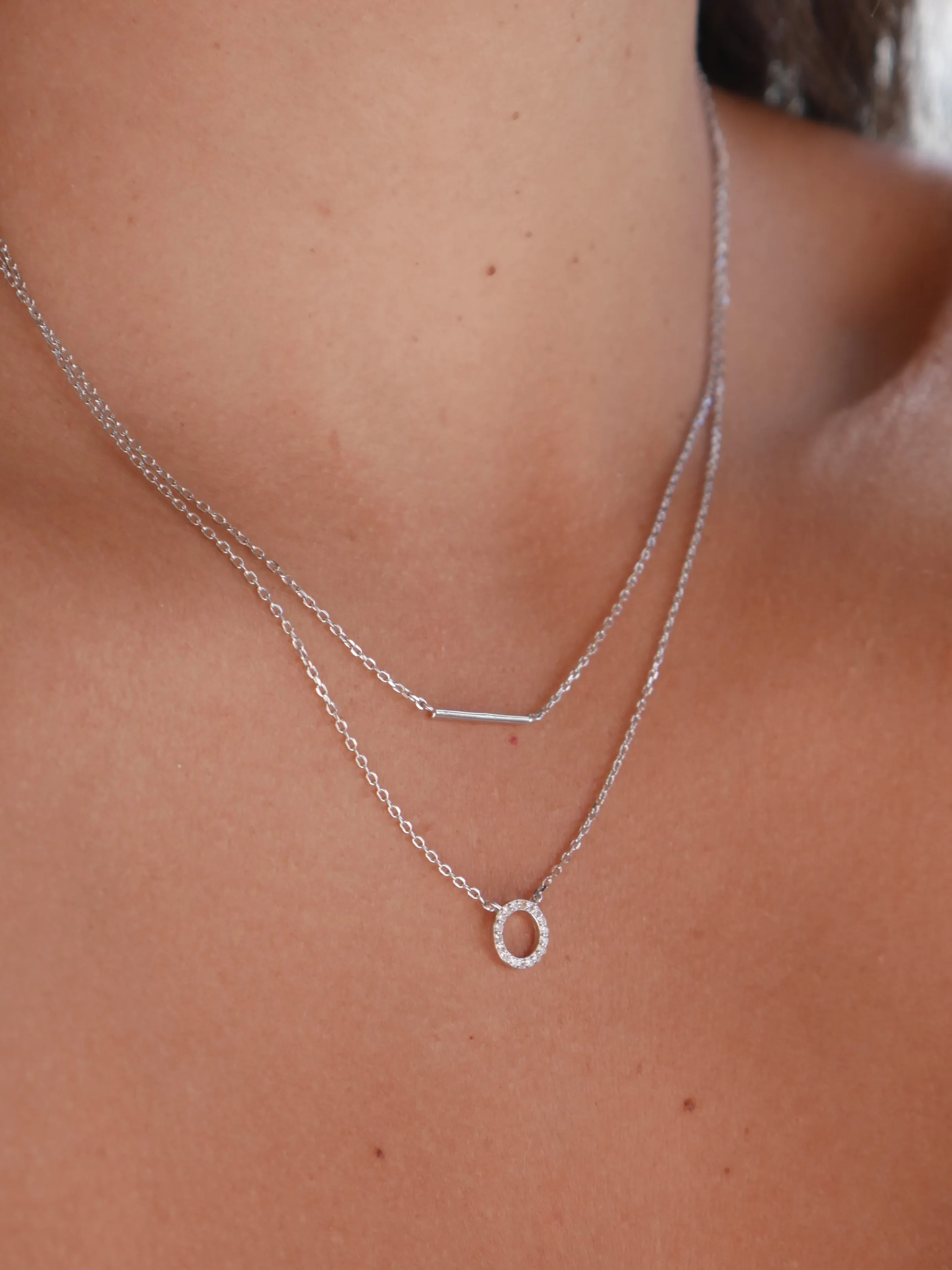 Layered Necklace, .925 Sterling Silver Circle Bar Dainty Double Necklace