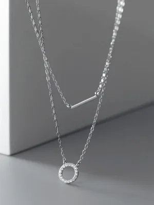 Layered Necklace, .925 Sterling Silver Circle Bar Dainty Double Necklace