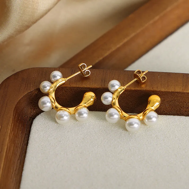 Luxurious Geometric Pearl Inlaid Earrings with Gold Plating