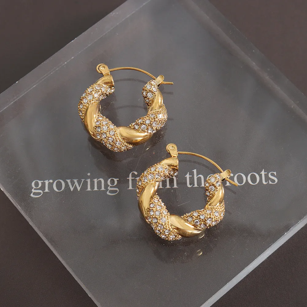 Luxurious U-Shaped Gold-Plated Zircon Twist Earrings with Titanium Steel - Elegant Ear Accessory