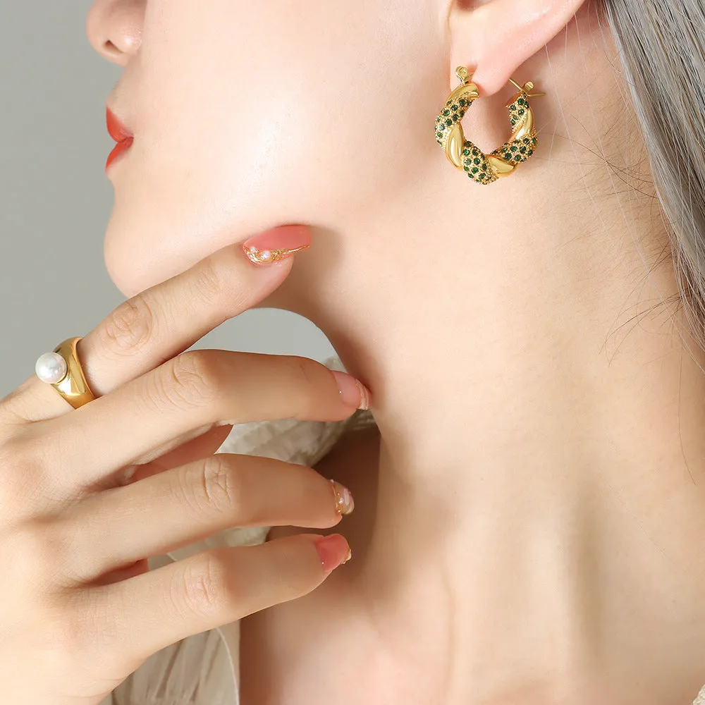 Luxurious U-Shaped Gold-Plated Zircon Twist Earrings with Titanium Steel - Elegant Ear Accessory