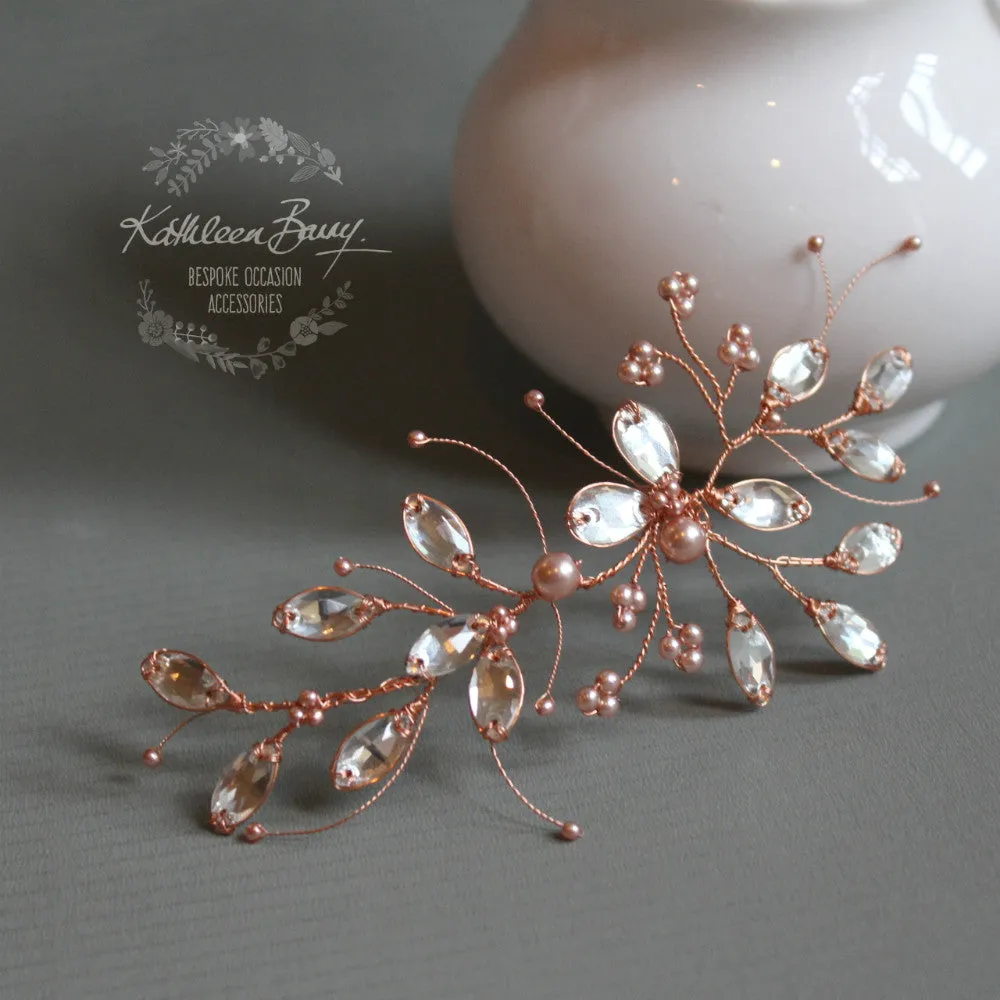 Marelize pearl & Rhinestone leaf hairpiece - available in Silver, gold, rose gold & copper plated finish