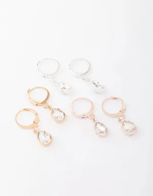 Mixed Metal Drop Pear Diamante Huggie Earring 3-Pack