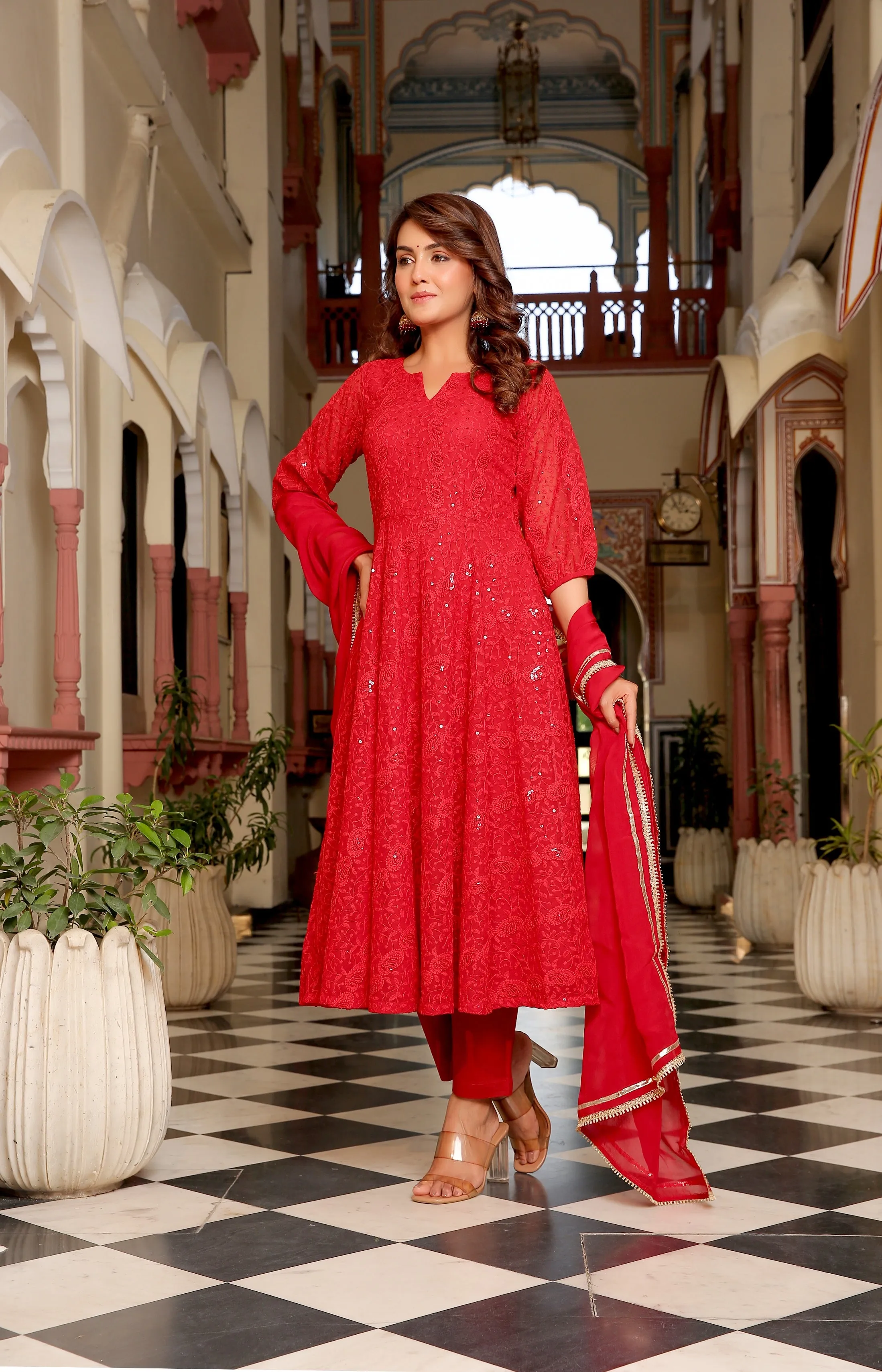 Party Red Anarkali Organza Dupatta Suit