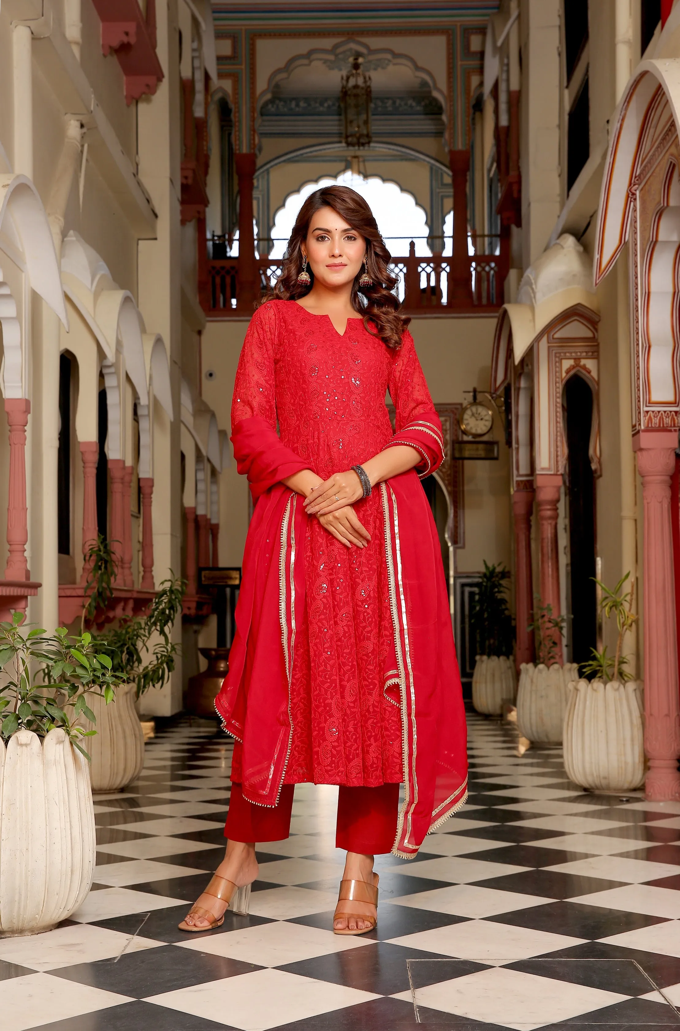 Party Red Anarkali Organza Dupatta Suit