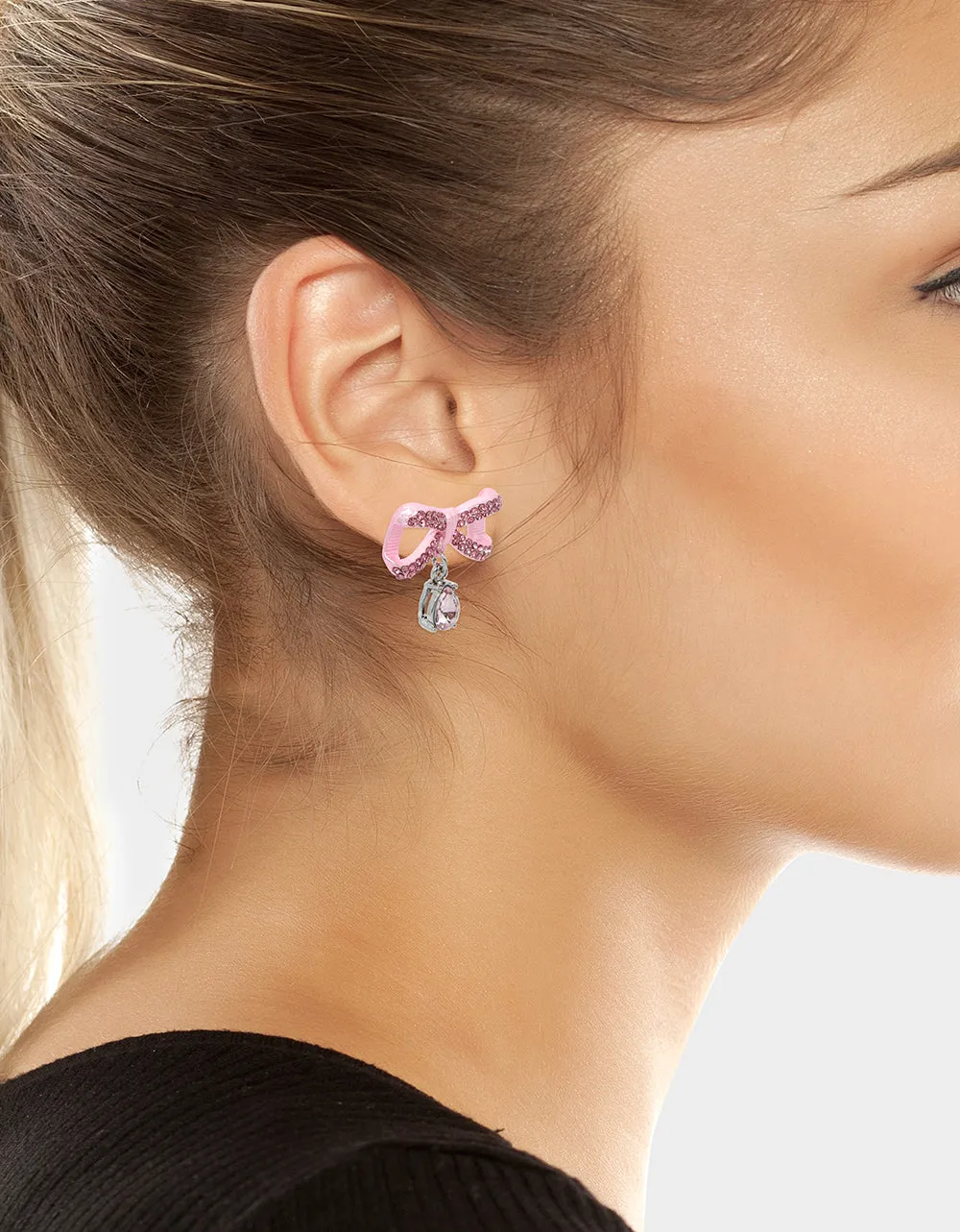 PINK BOWS BOW STONE DROP EARRINGS PINK