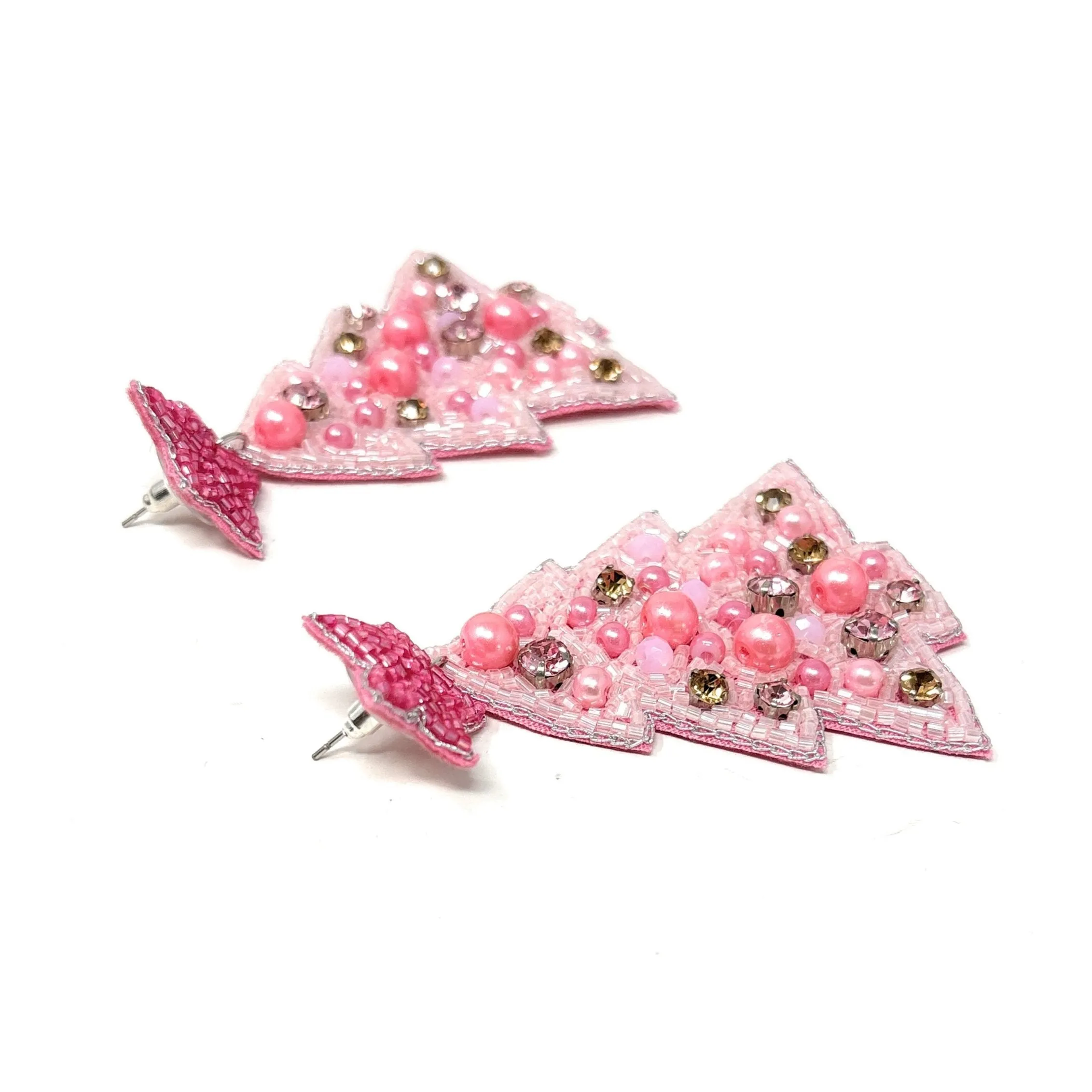 Pink Christmas Tree Beaded Earrings