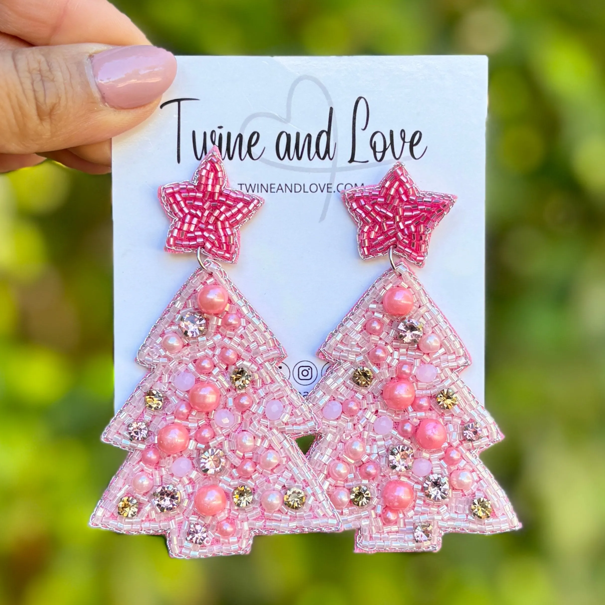 Pink Christmas Tree Beaded Earrings