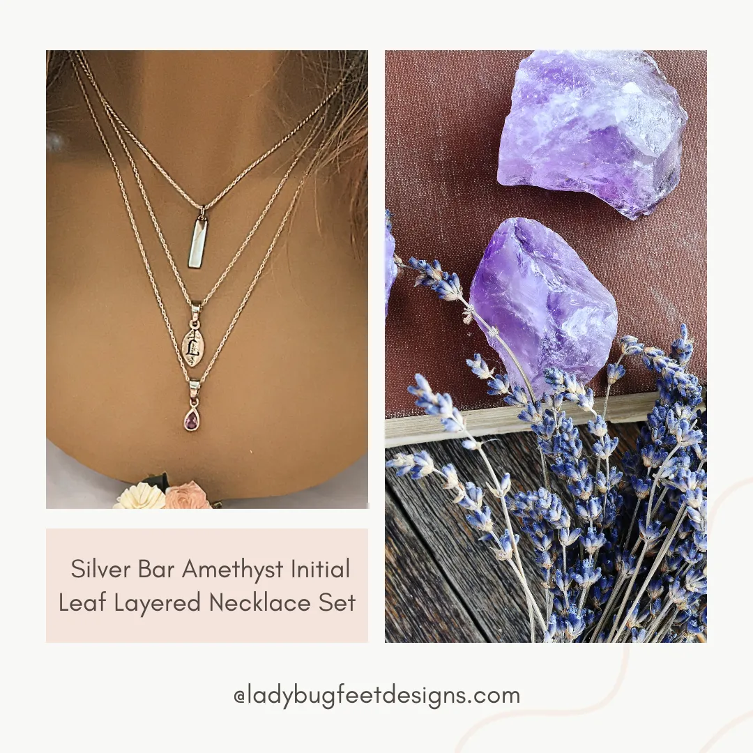 Silver Bar Amethyst Initial Leaf Layered Necklace Set