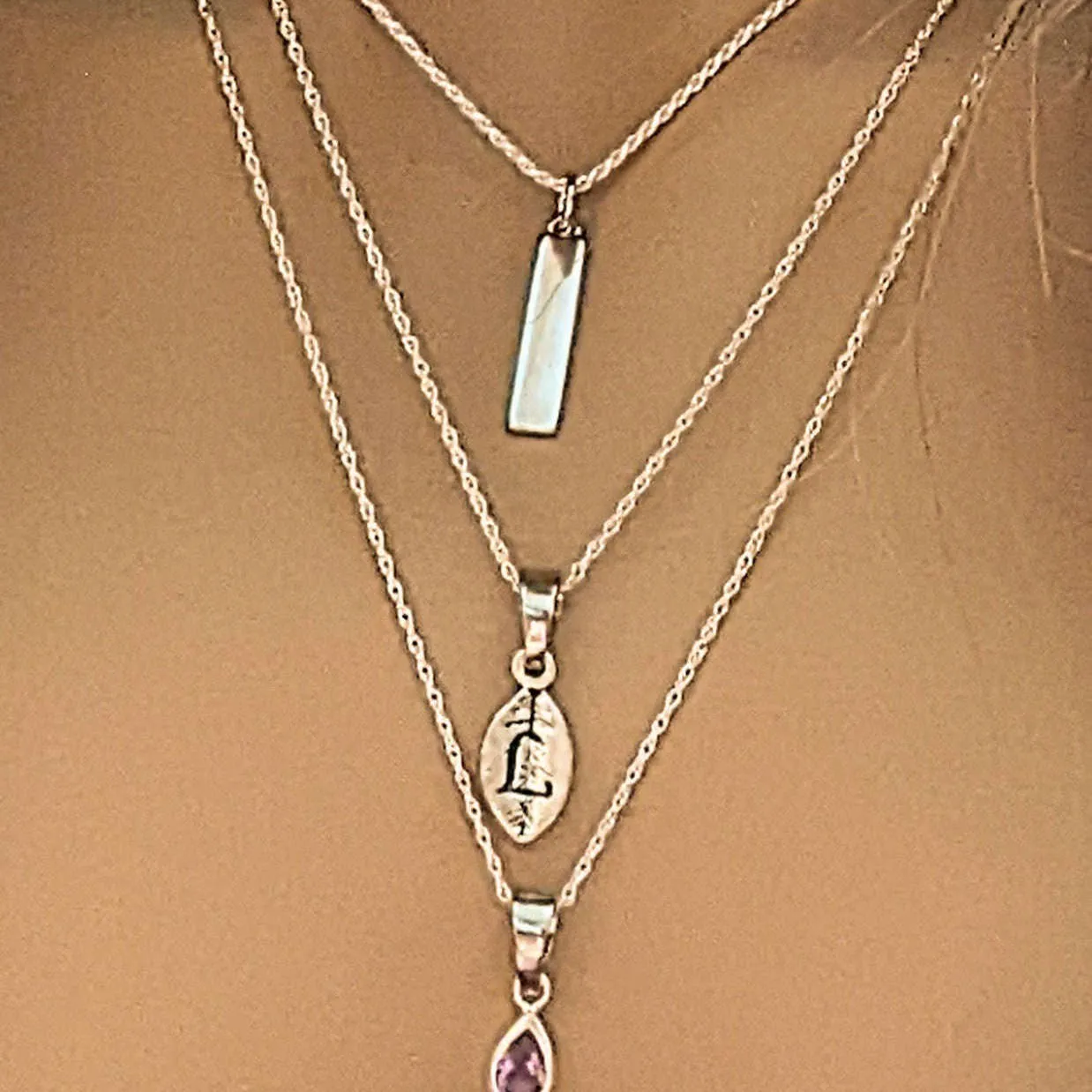 Silver Bar Amethyst Initial Leaf Layered Necklace Set