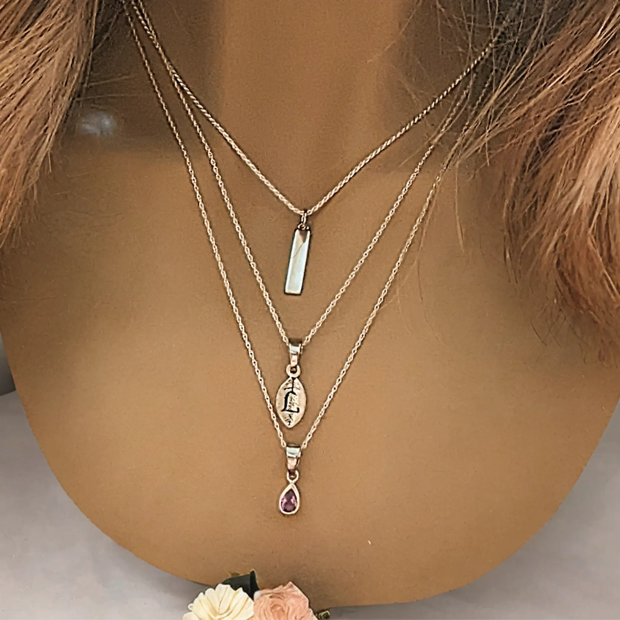 Silver Bar Amethyst Initial Leaf Layered Necklace Set