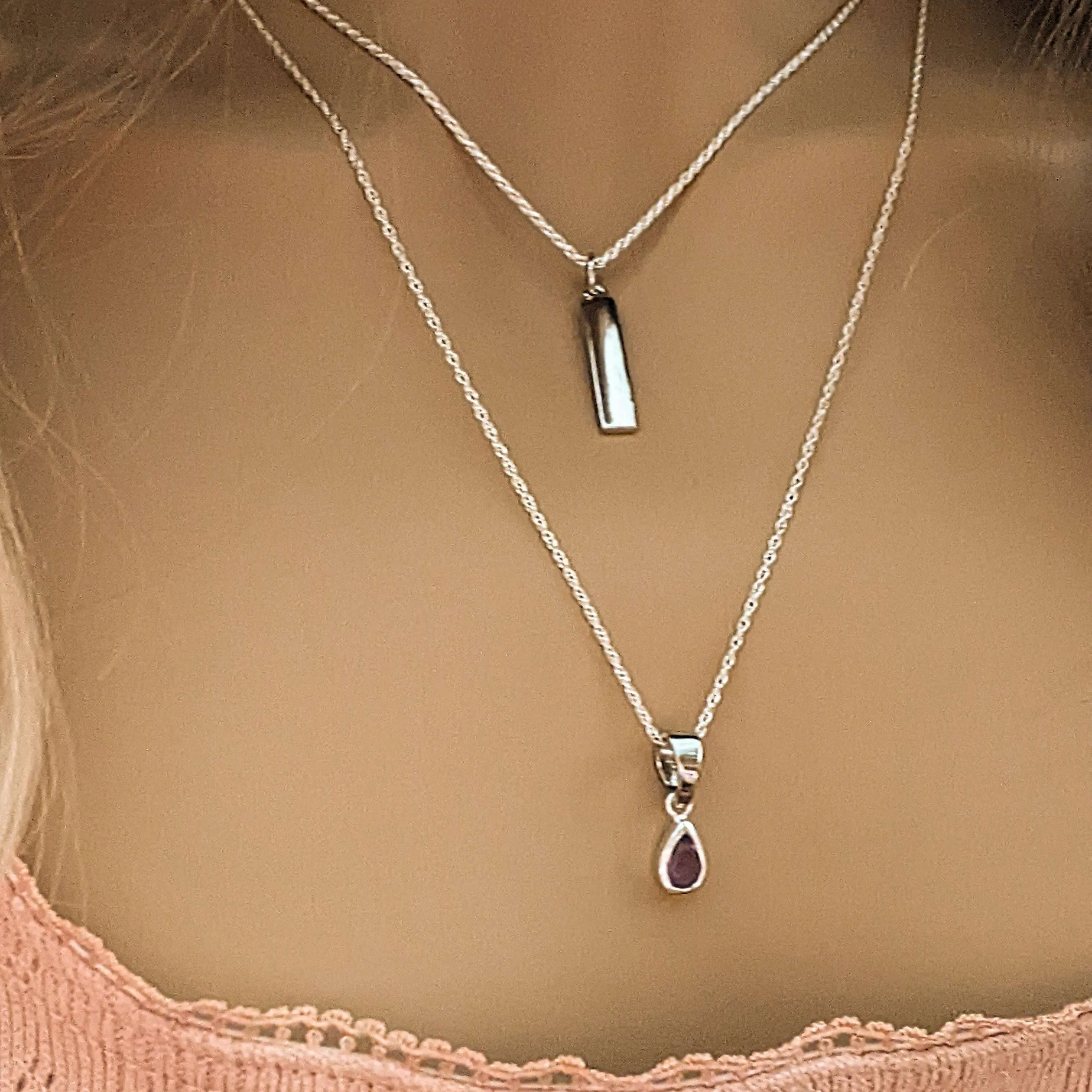 Silver Bar Amethyst Initial Leaf Layered Necklace Set