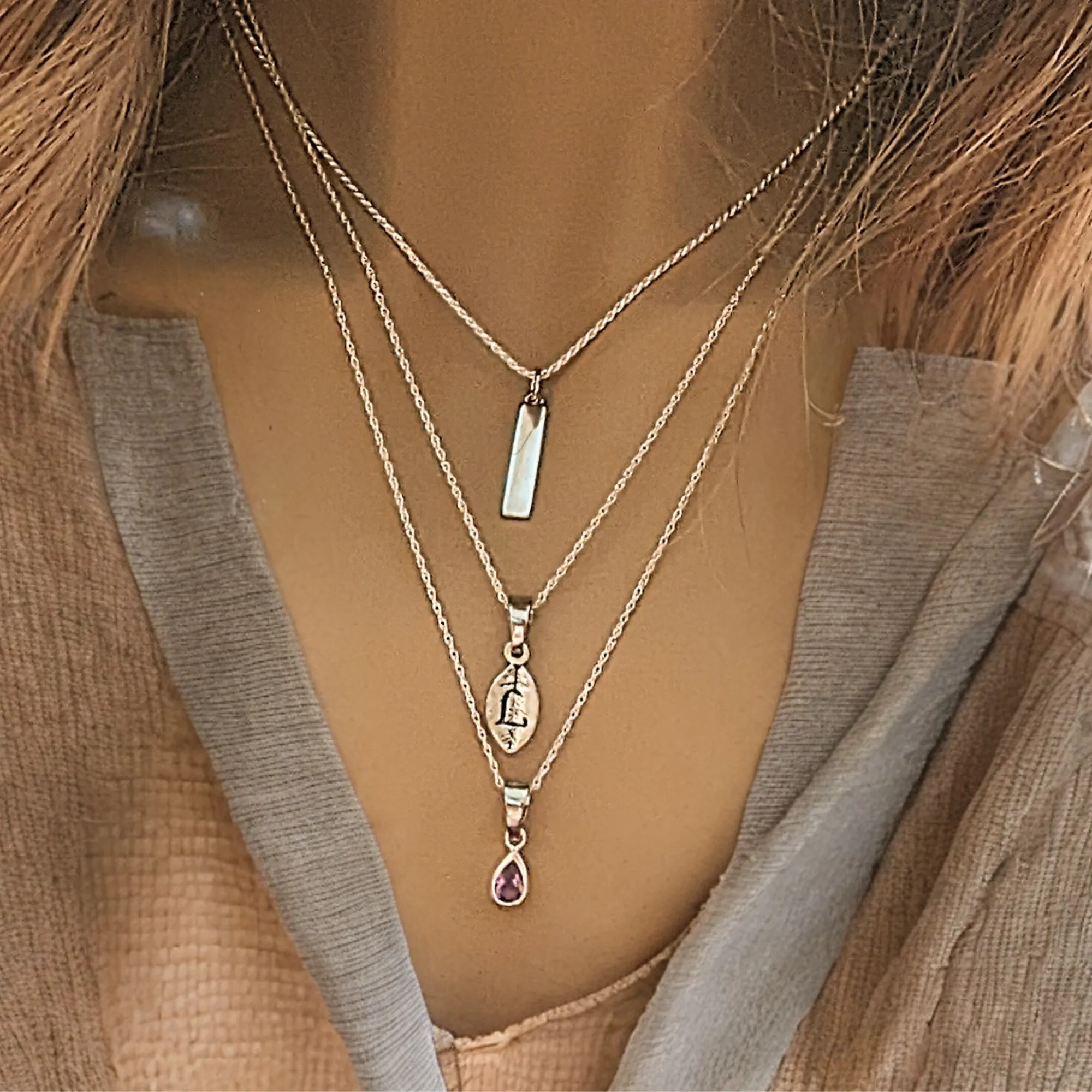 Silver Bar Amethyst Initial Leaf Layered Necklace Set