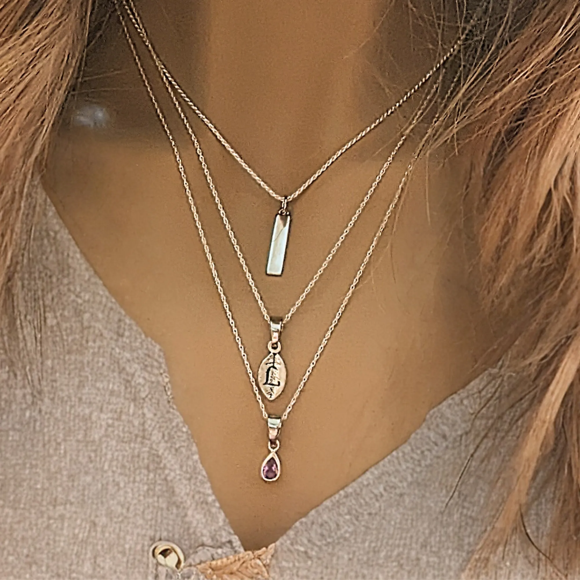 Silver Bar Amethyst Initial Leaf Layered Necklace Set