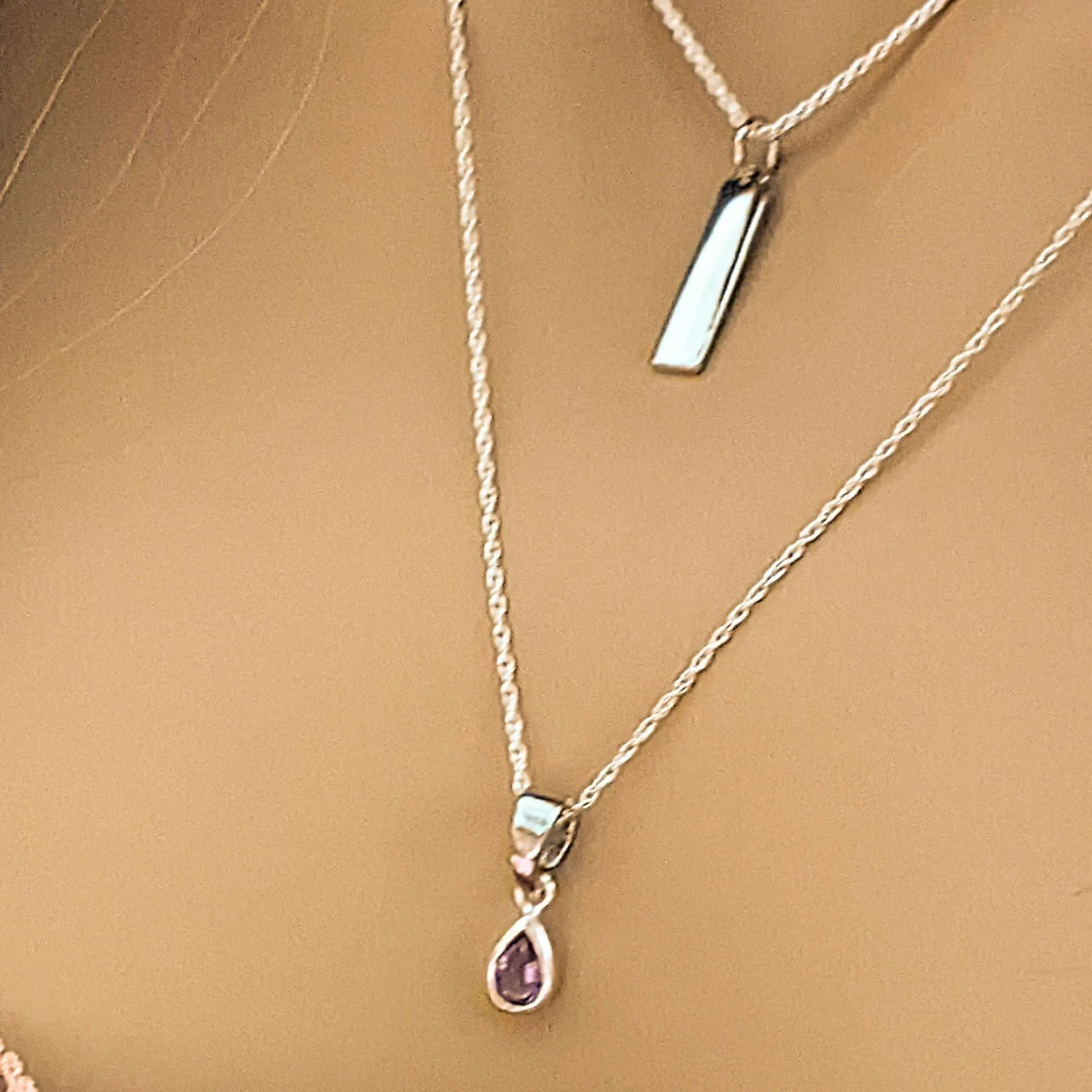 Silver Bar Amethyst Initial Leaf Layered Necklace Set