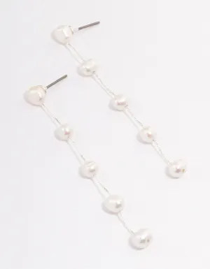 Silver Plated Five Freshwater Pearl Long Drop Earrings