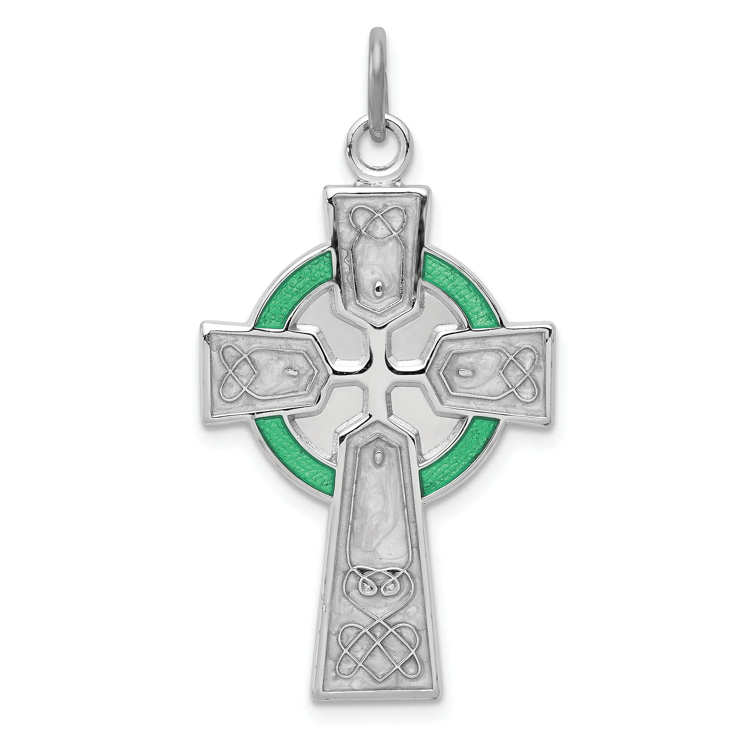 Silver Polished Green Epoxy Irish Cross Pendant