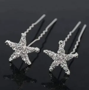 Small Crystal Encrusted Starfish Silver Plated Hair Pins