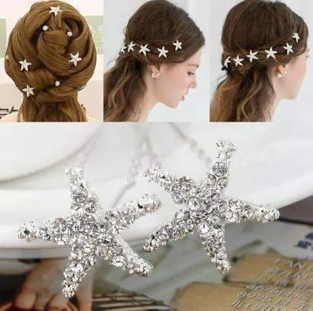 Small Crystal Encrusted Starfish Silver Plated Hair Pins