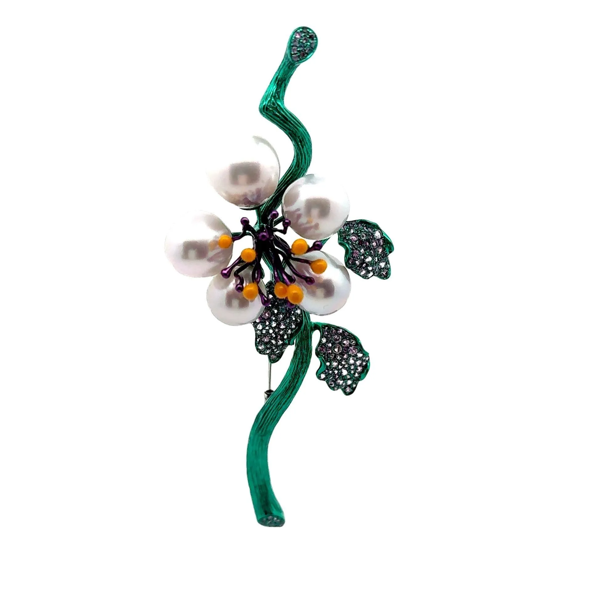 South Sea Pearl Sapphire 18k Gold & Green-Rhodium Floral Brooch