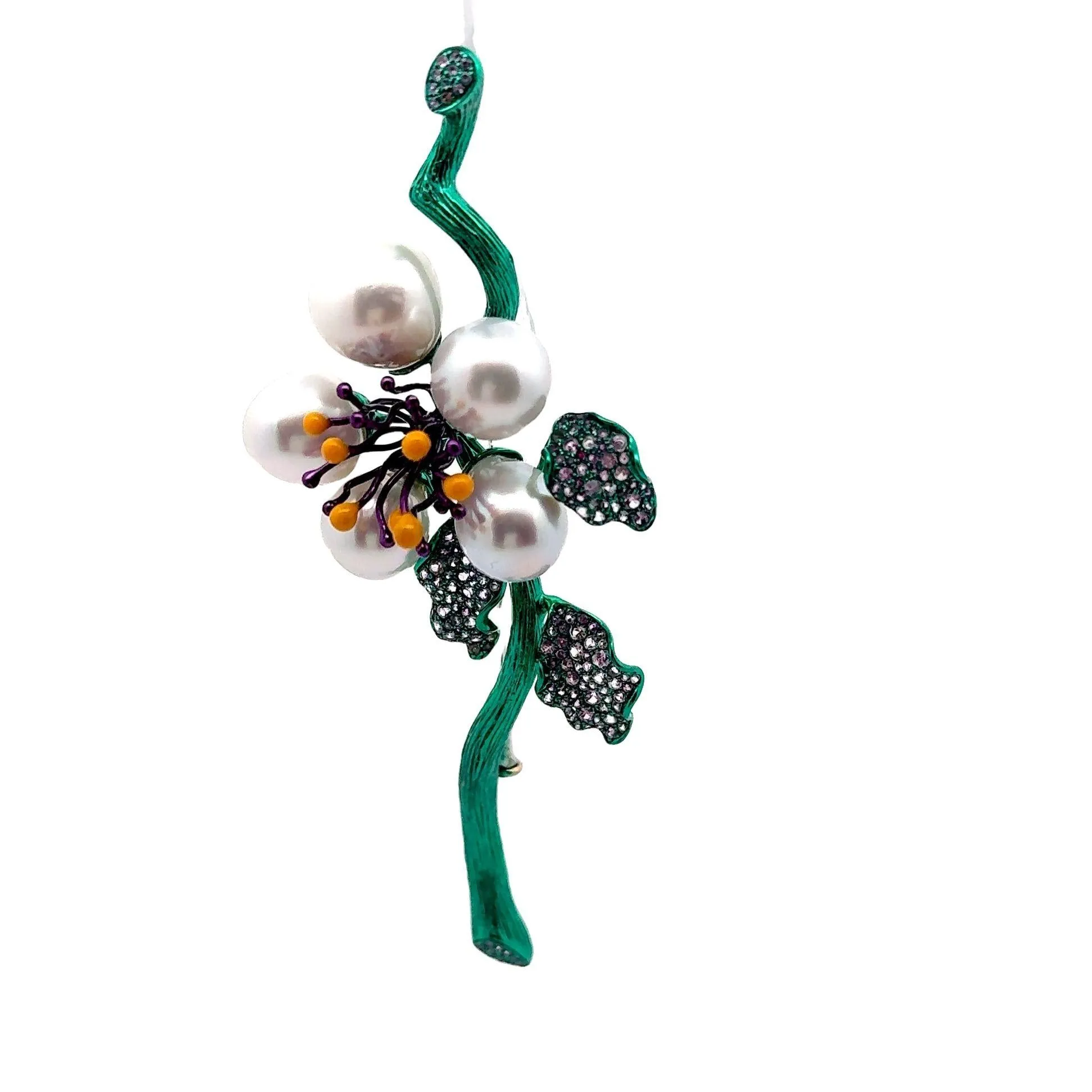 South Sea Pearl Sapphire 18k Gold & Green-Rhodium Floral Brooch