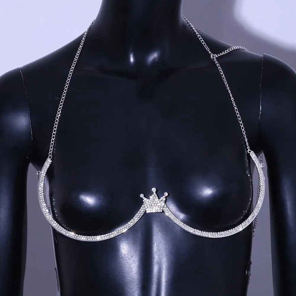 Stonefans Sexy Crown Chest Bracket Bras Chain Harness for Women Festival Clothing Rhinestone Chest Chain Necklace Body Jewelry