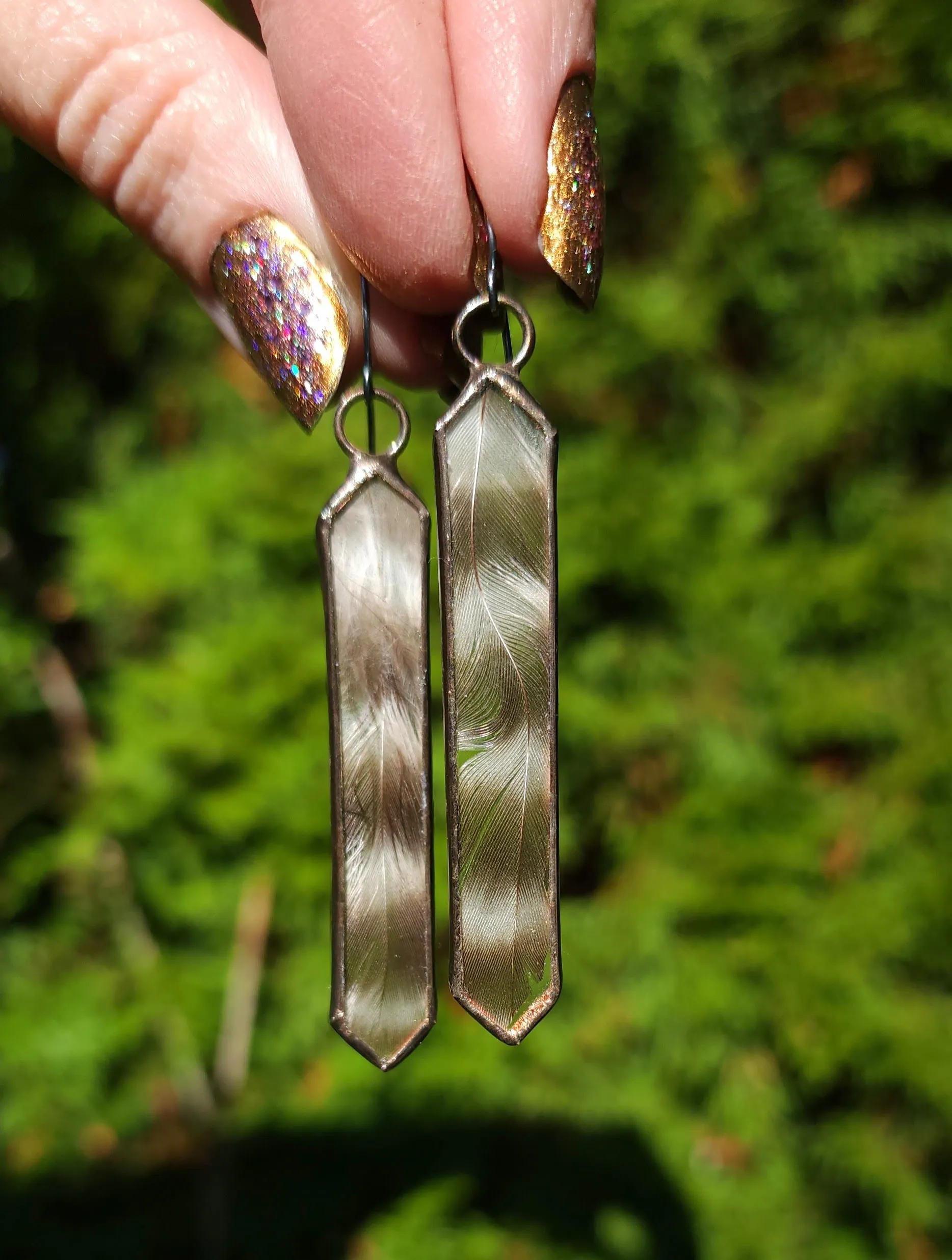 Striped Hen Feather Cathedral Earrings