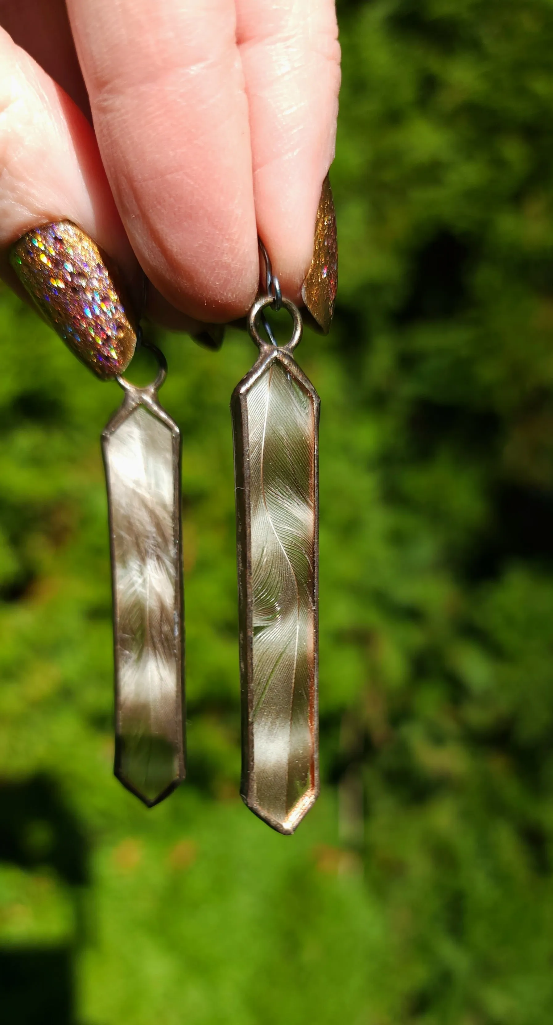 Striped Hen Feather Cathedral Earrings