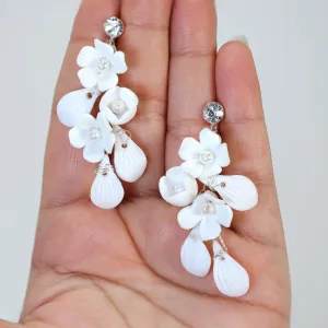 Swarovski Crystal Porcelain White Floral Pearl Elegance Ensemble Earring , Bridal Ceramic Earring, Bridal Hair Accessories, Wedding Earring.