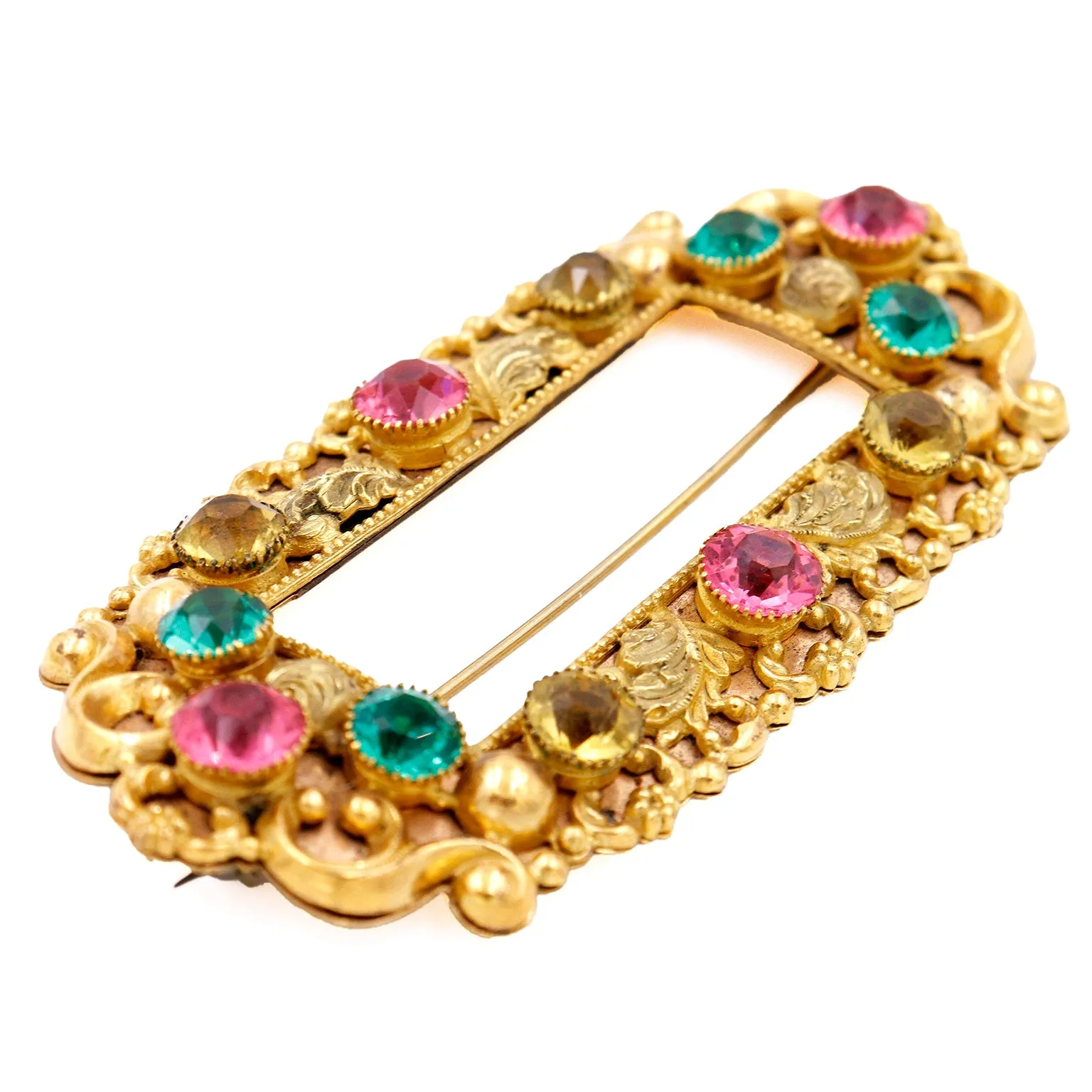 Victorian Gold Repousse Brooch Sash Pin With Colored Rhinestones