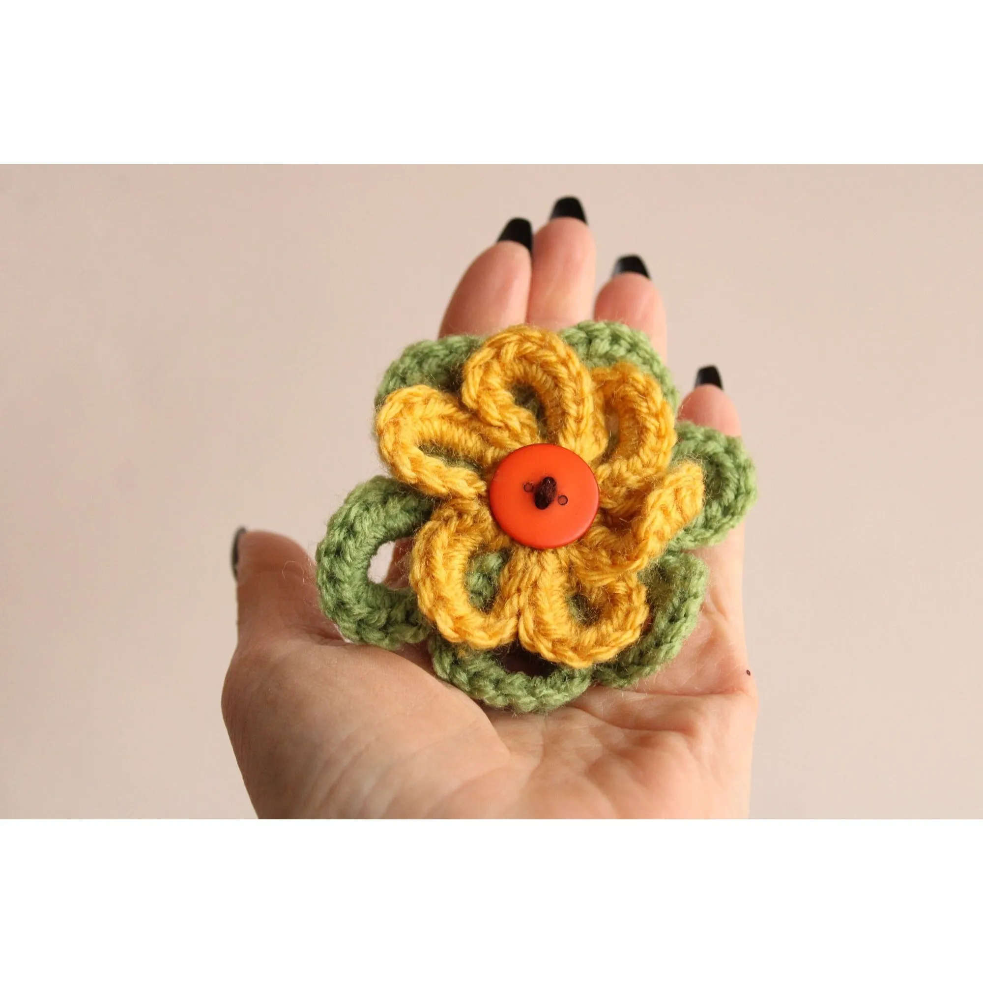 Vintage 1970s Brooch, Knit Flower with Button Center