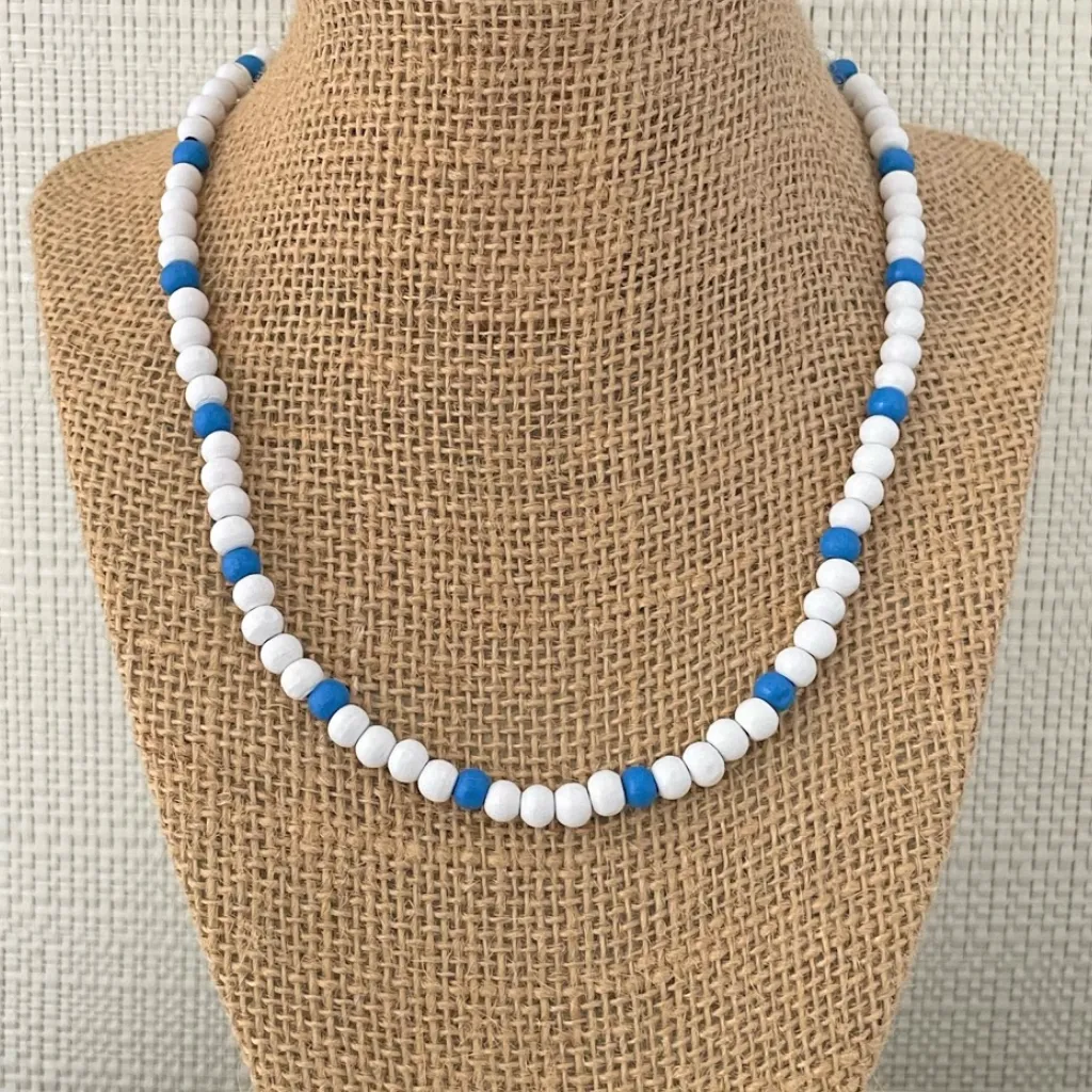 White and Royal Blue Mens Wood Beaded Necklace