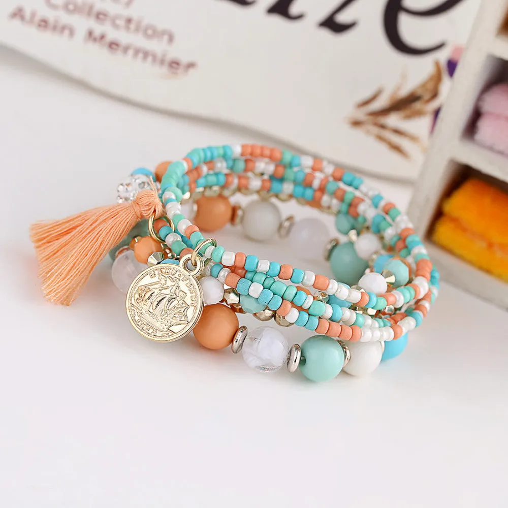 Woman Jewelry Fashion Bohemia Style Multilayer Metal Bracelet Colorful Beads Coin Tassel Bracelets