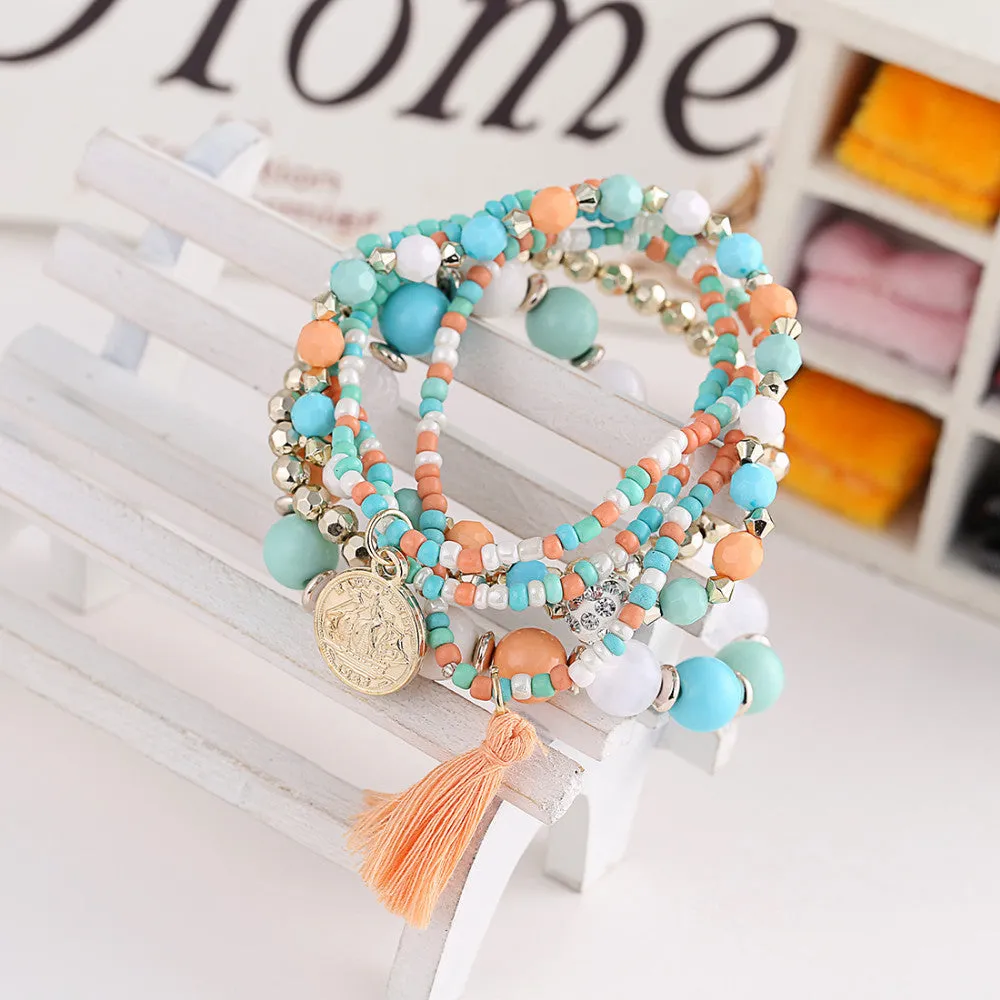 Woman Jewelry Fashion Bohemia Style Multilayer Metal Bracelet Colorful Beads Coin Tassel Bracelets